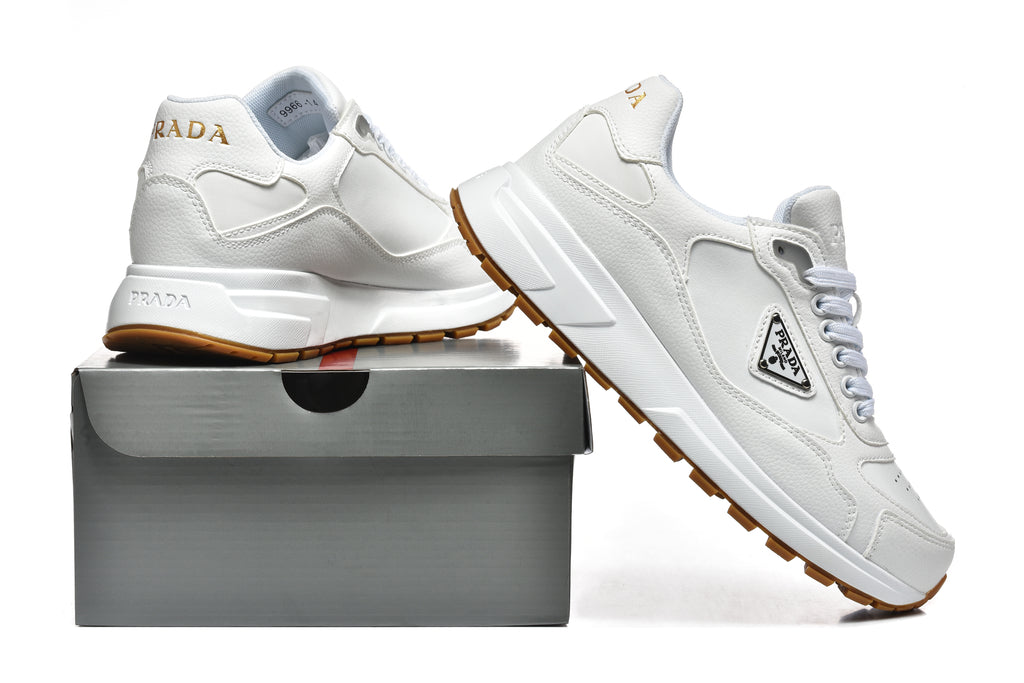 Prada Triangle Logo Low-Top Sneakers - White with Perforated Toe