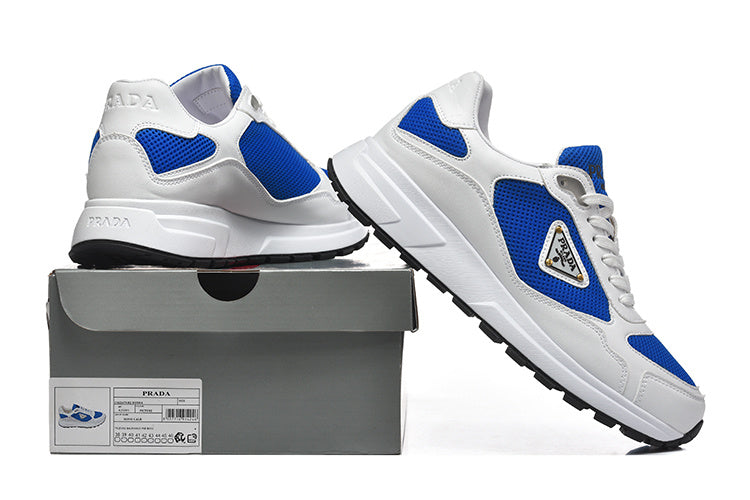 Prada Triangle Logo Mesh Low-Top Sneakers - White & Blue