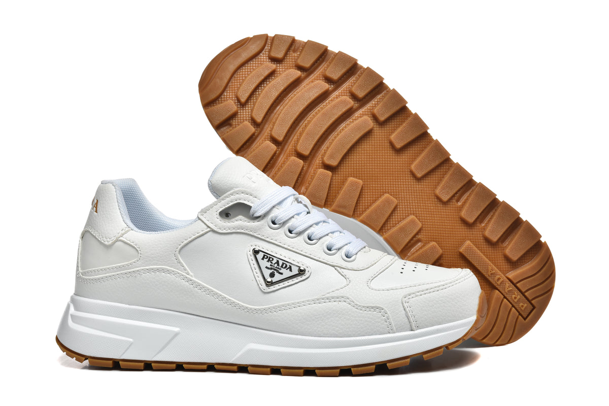 Prada Triangle Logo Low-Top Sneakers - White with Perforated Toe