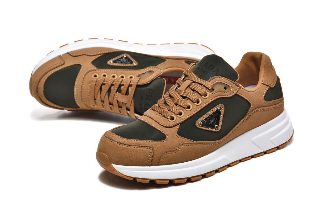 Prada Triangle Logo Low-Top Sneakers - Tan & Black