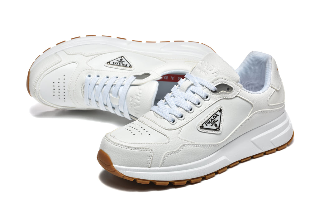 Prada Triangle Logo Low-Top Sneakers - White with Perforated Toe