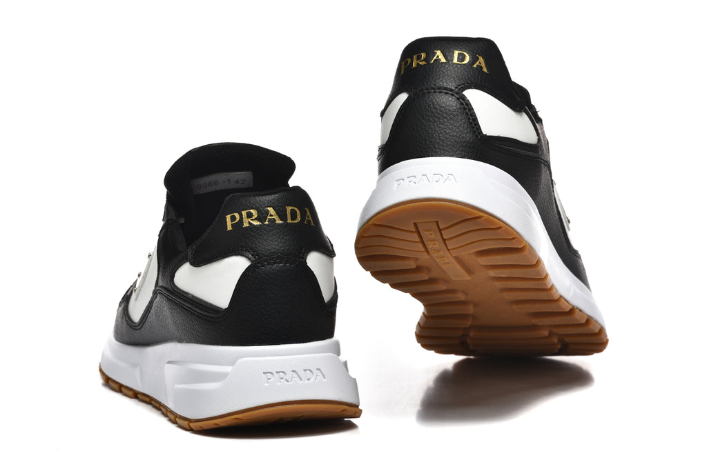 Prada Triangle Logo Low-Top Sneakers - Black & White Gum Sole
