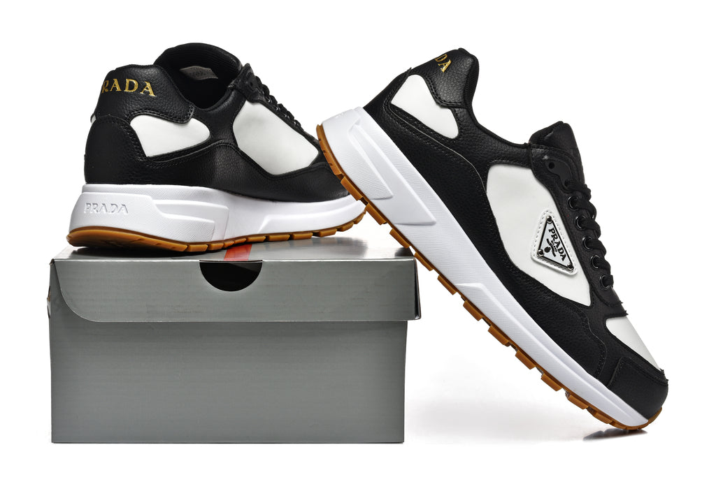 Prada Triangle Logo Low-Top Sneakers - Black & White Gum Sole