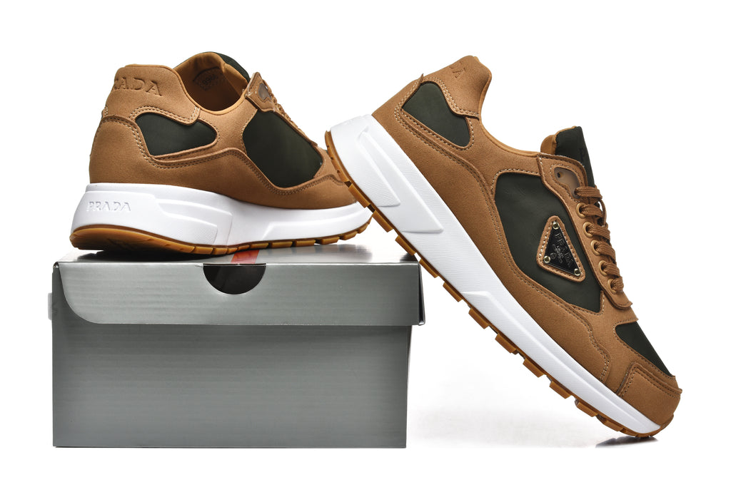 Prada Triangle Logo Low-Top Sneakers - Tan & Black