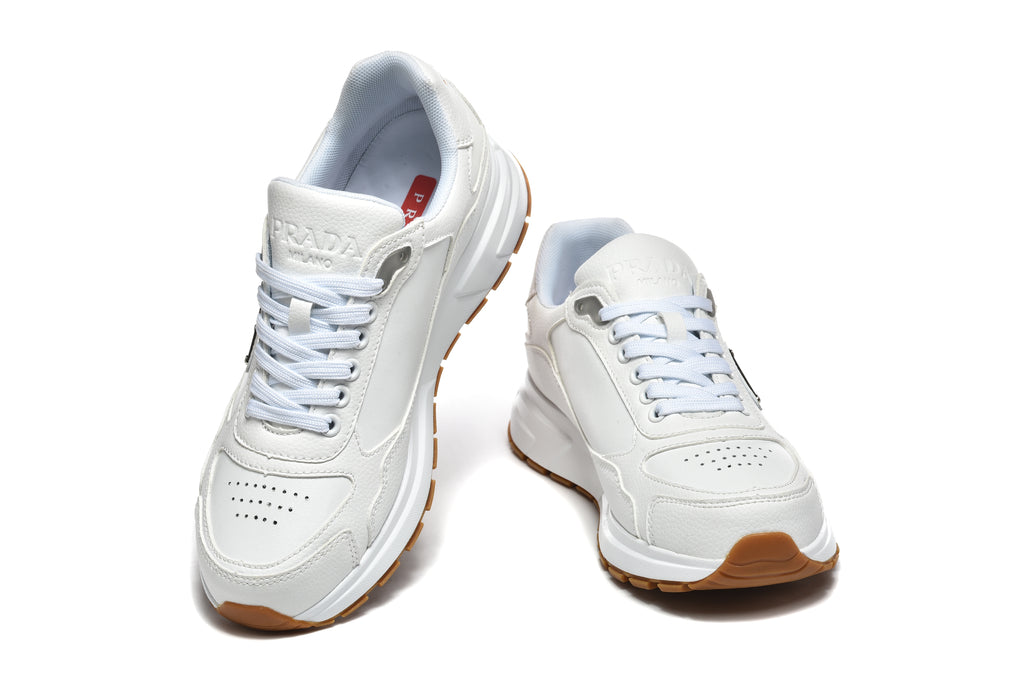 Prada Triangle Logo Low-Top Sneakers - White with Perforated Toe