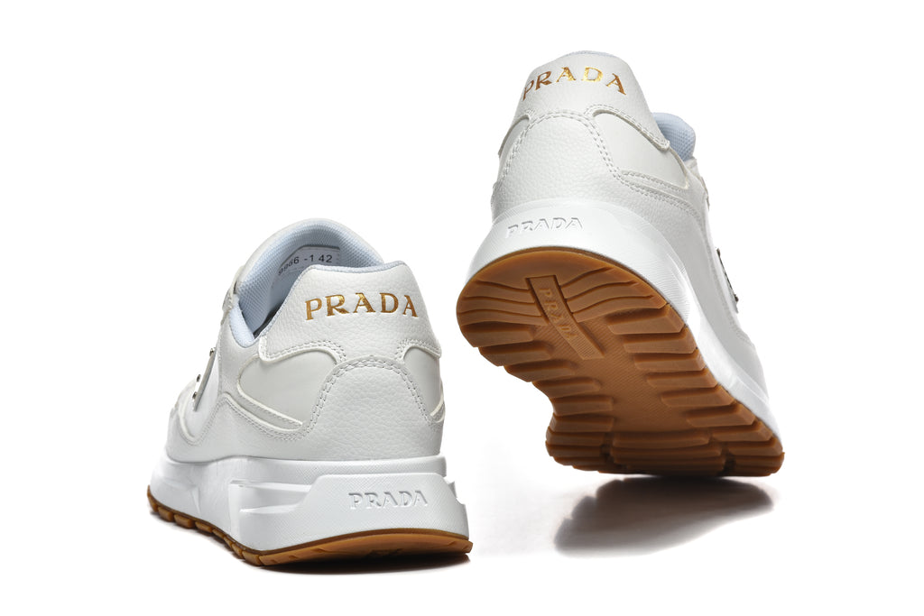 Prada Triangle Logo Low-Top Sneakers - White with Perforated Toe